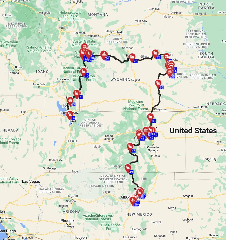 Map for Salt Lake City to Allbuquerque - Including the Yellowstone National Park